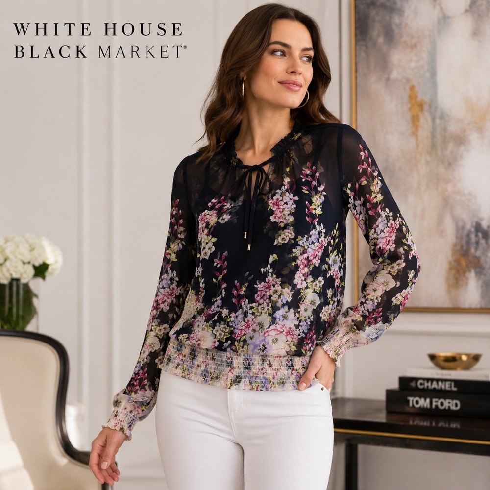 White House Black Market Floral Smocked Blouse Navy Blue Chiffon Top NWT L
